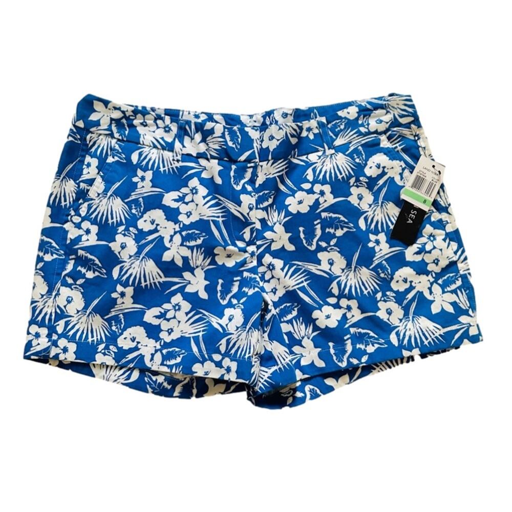 Land’ N Sea Shorts Blue White Tropical Floral Print Chino Flat Front Size 8 NEW